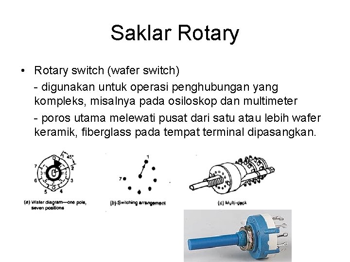 Saklar Rotary • Rotary switch (wafer switch) - digunakan untuk operasi penghubungan yang kompleks,