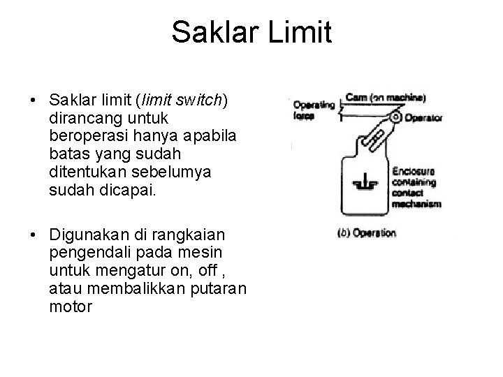 Saklar Limit • Saklar limit (limit switch) dirancang untuk beroperasi hanya apabila batas yang