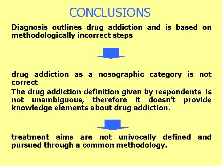 CONCLUSIONS Diagnosis outlines drug addiction and is based on methodologically incorrect steps drug addiction