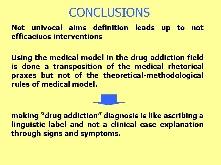 CONCLUSIONS Not univocal aims definition leads up to not efficaciuos interventions Using the medical