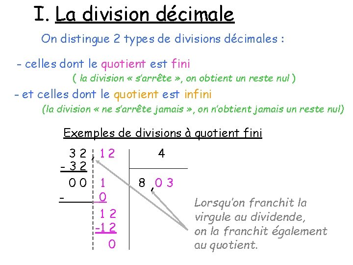 I. La division décimale On distingue 2 types de divisions décimales : - celles