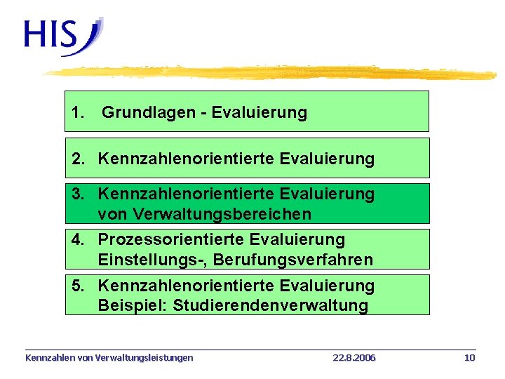 1. Grundlagen - Evaluierung 2. Kennzahlenorientierte Evaluierung 3. Kennzahlenorientierte Evaluierung von Verwaltungsbereichen 4. Prozessorientierte