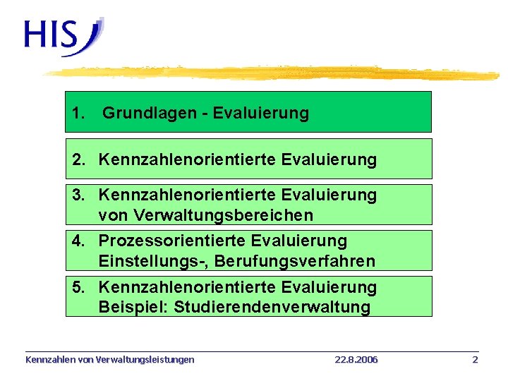 1. Grundlagen - Evaluierung 2. Kennzahlenorientierte Evaluierung 3. Kennzahlenorientierte Evaluierung von Verwaltungsbereichen 4. Prozessorientierte