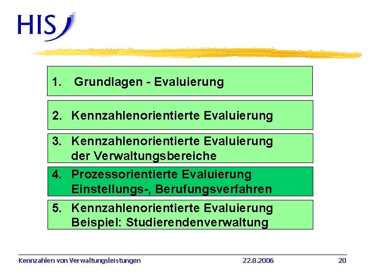 1. Grundlagen - Evaluierung 2. Kennzahlenorientierte Evaluierung 3. Kennzahlenorientierte Evaluierung der Verwaltungsbereiche 4. Prozessorientierte