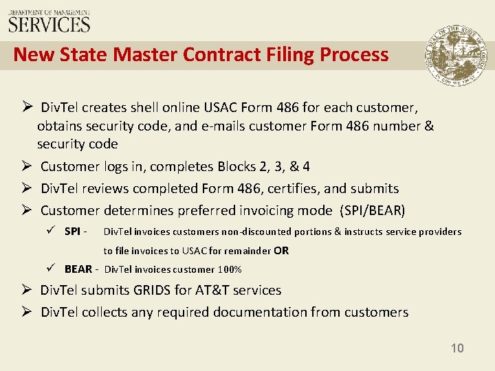 New State Master Contract Filing Process • Ø Div. Tel creates shell online USAC