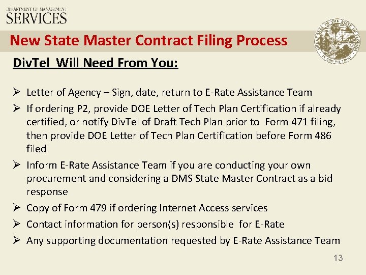 New State Master Contract Filing Process Div. Tel Will Need From You: Ø Letter