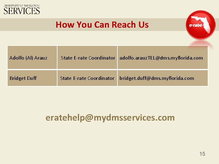 How You Can Reach Us Adolfo (Al) Arauz State E-rate Coordinator adolfo. arauz. TEL@dms.