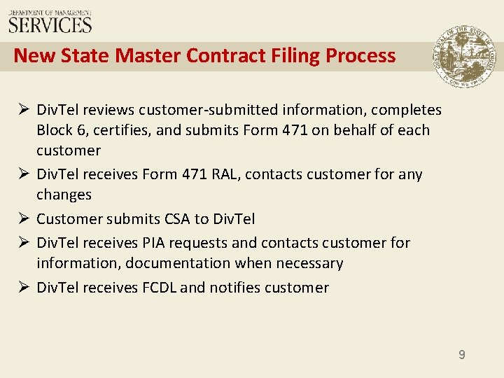 New State Master Contract Filing Process Ø Div. Tel reviews customer-submitted information, completes Block