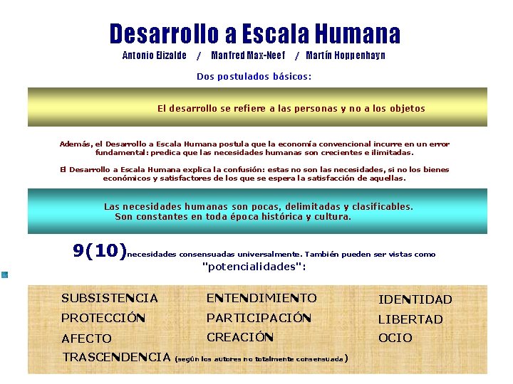 Desarrollo a Escala Humana Antonio Elizalde / Manfred Max-Neef / Martín Hoppenhayn Dos postulados