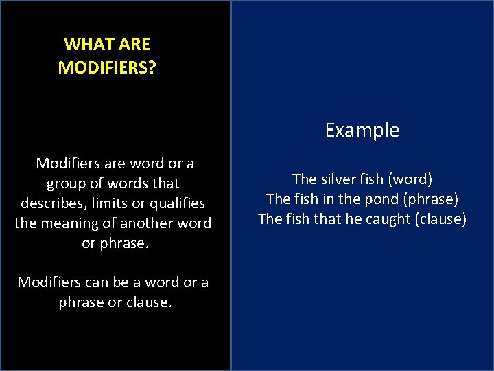 WHAT ARE MODIFIERS? Example Modifiers are word or a group of words that describes,