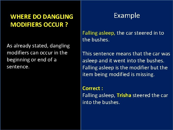 WHERE DO DANGLING MODIFIERS OCCUR ? As already stated, dangling modifiers can occur in