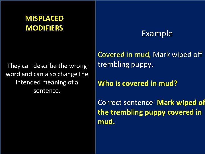 MISPLACED MODIFIERS They can describe the wrong word and can also change the intended