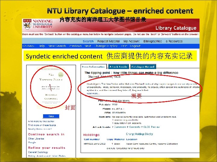 NTU Library Catalogue – enriched content 内容充实的南洋理 大学图书馆目录 Syndetic enriched content 供应商提供的内容充实记录 概要 封面