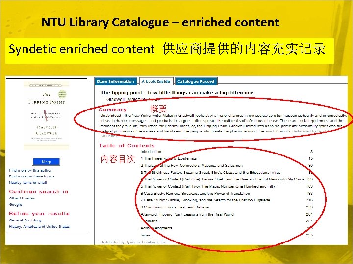 NTU Library Catalogue – enriched content Syndetic enriched content 供应商提供的内容充实记录 概要 内容目次 