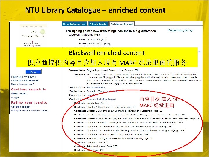 NTU Library Catalogue – enriched content Blackwell enriched content 供应商提供内容目次加入现有 MARC 纪录里面的服务 内容目次 加入