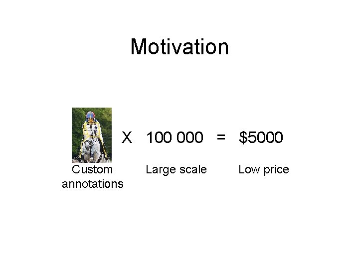 Motivation X 100 000 = $5000 Custom annotations Large scale Low price 
