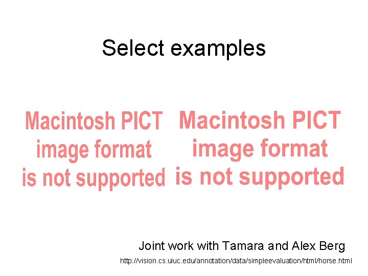 Select examples Joint work with Tamara and Alex Berg http: //vision. cs. uiuc. edu/annotation/data/simpleevaluation/html/horse.