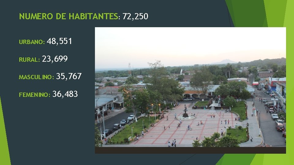 NUMERO DE HABITANTES: 72, 250 URBANO: RURAL: 48, 551 23, 699 MASCULINO: FEMENINO: 35,