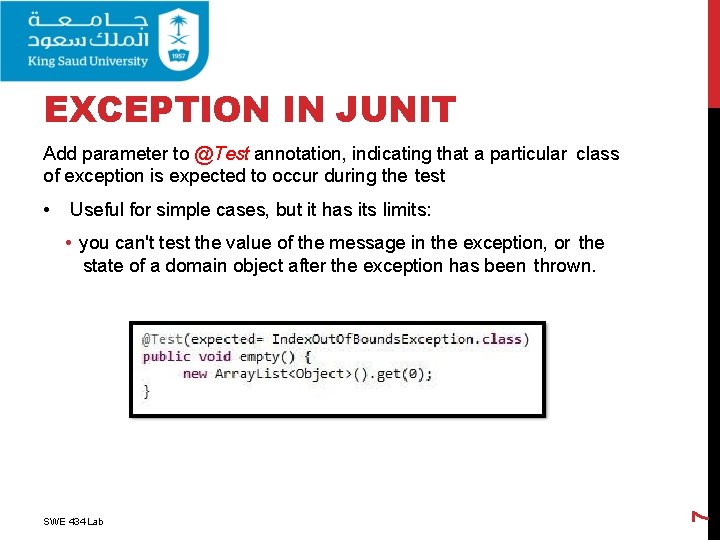 EXCEPTION IN JUNIT Add parameter to @Test annotation, indicating that a particular class of