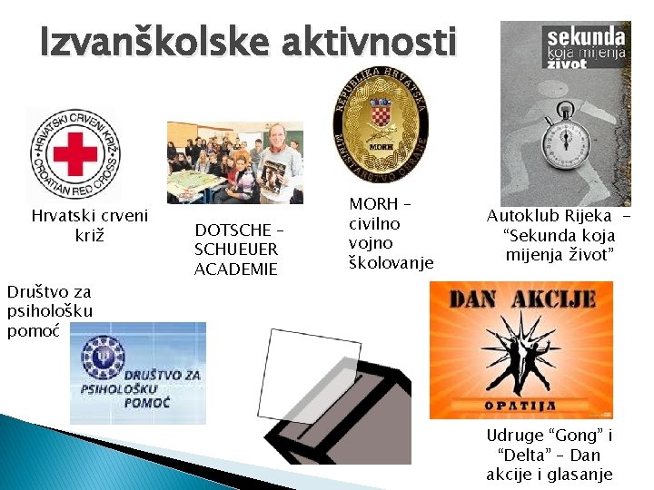 Izvanškolske aktivnosti Hrvatski crveni križ Društvo za psihološku pomoć DOTSCHE – SCHUEUER ACADEMIE MORH
