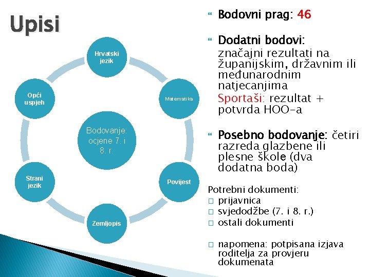 Upisi Hrvatski jezik Opći uspjeh Matematika Bodovanje: ocjene 7. i 8. r. Strani jezik