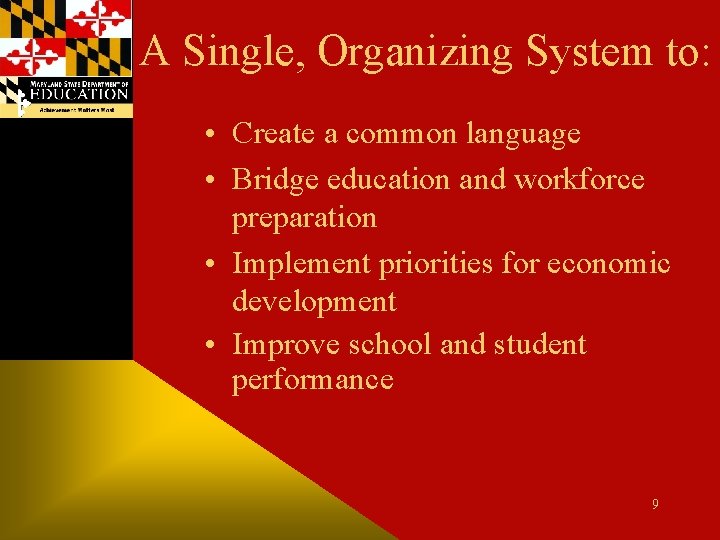 A Single, Organizing System to: • Create a common language • Bridge education and