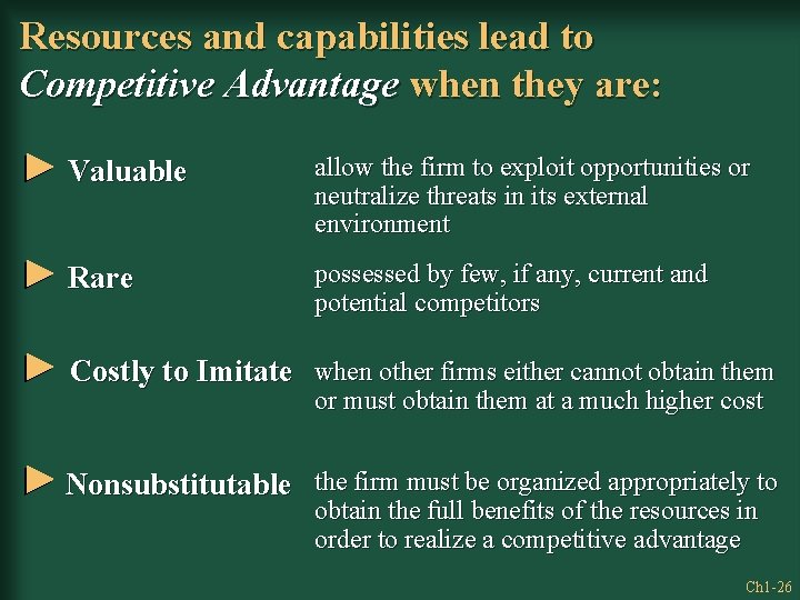 Resources and capabilities lead to Competitive Advantage when they are: Valuable allow the firm