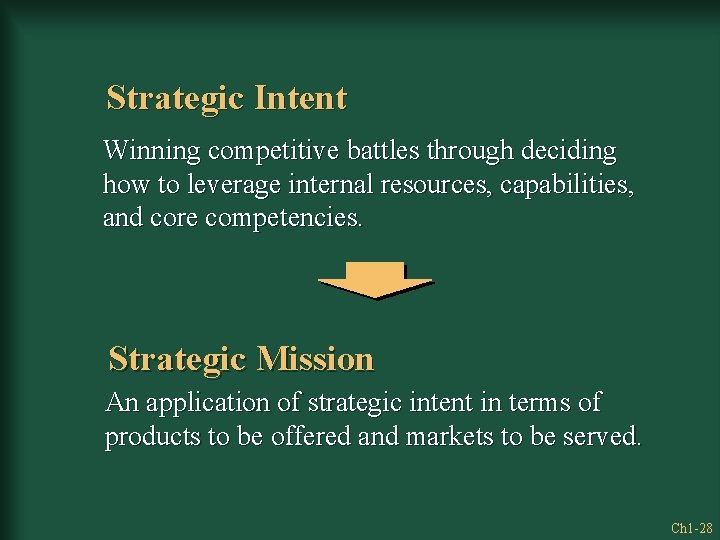 Strategic Intent Winning competitive battles through deciding how to leverage internal resources, capabilities, and