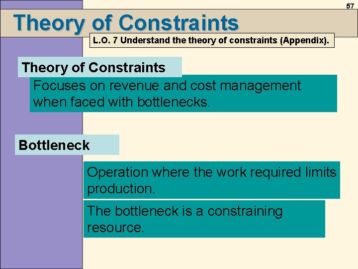 57 Theory of Constraints L. O. 7 Understand theory of constraints (Appendix). Theory of 57 Theory of Constraints L. O. 7 Understand theory of constraints (Appendix). Theory of