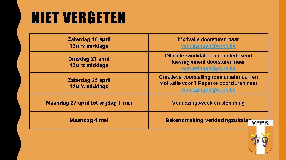 NIET VERGETEN Zaterdag 18 april 12 u ‘s middags Motivatie doorsturen naar verkiezingen@vppk. be