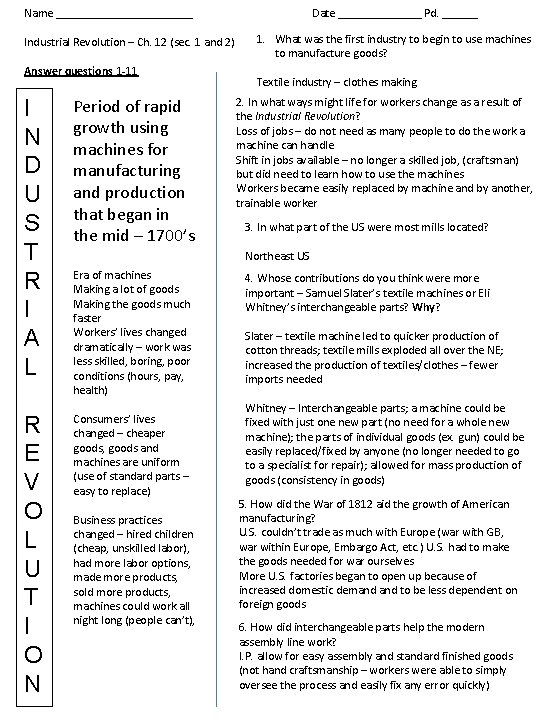 Name ____________ Industrial Revolution – Ch. 12 (sec. 1 and 2) Answer questions 1