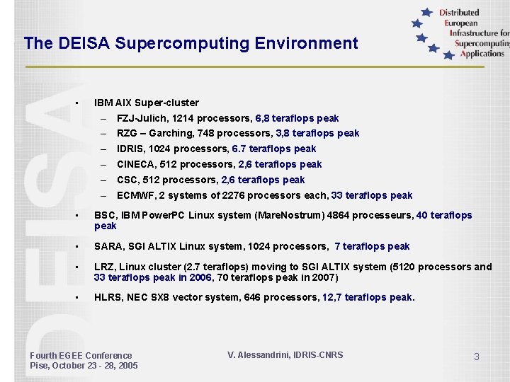 The DEISA Supercomputing Environment • IBM AIX Super-cluster – FZJ-Julich, 1214 processors, 6, 8