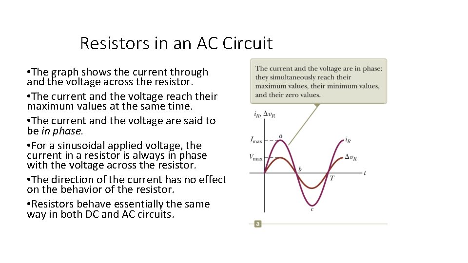 Resistors in an AC Circuit • The graph shows the current through and the
