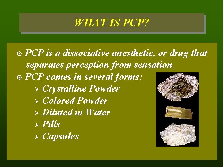 WHAT IS PCP? PCP is a dissociative anesthetic, or drug that separates perception from