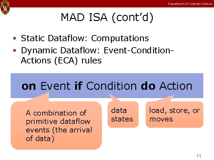 Department of Computer Science MAD ISA (cont’d) Static Dataflow: Computations Dynamic Dataflow: Event-Condition. Actions Department of Computer Science MAD ISA (cont’d) Static Dataflow: Computations Dynamic Dataflow: Event-Condition. Actions