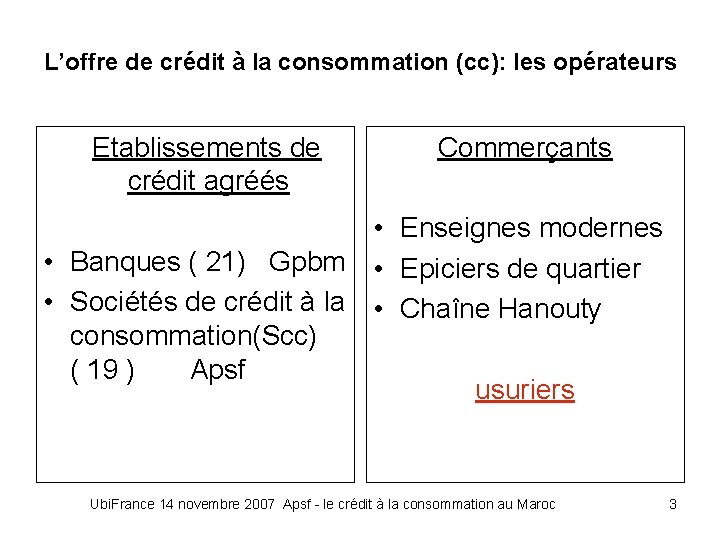 L’offre de crédit à la consommation (cc): les opérateurs Etablissements de crédit agréés Commerçants