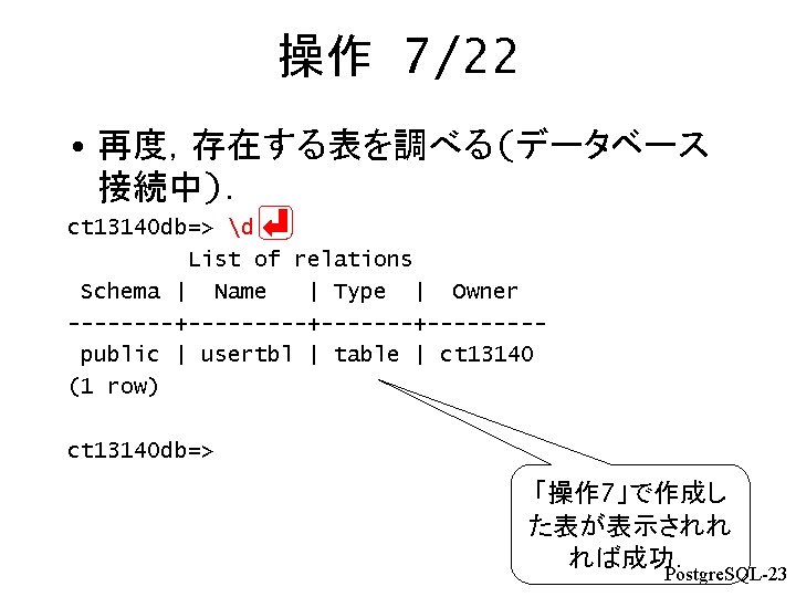 操作 7/22 • 再度，存在する表を調べる(データベース 接続中)． ct 13140 db=> d List of relations Schema |
