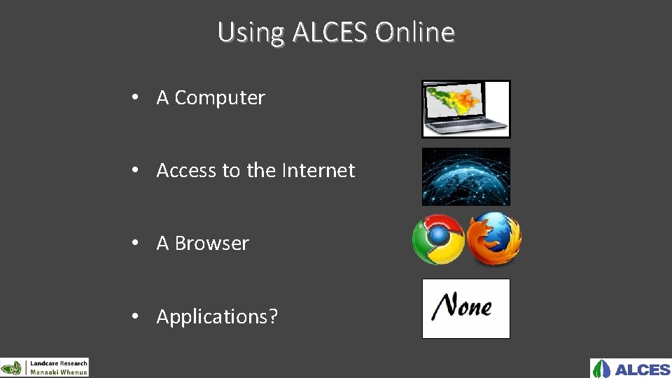 Using ALCES Online • A Computer • Access to the Internet • A Browser