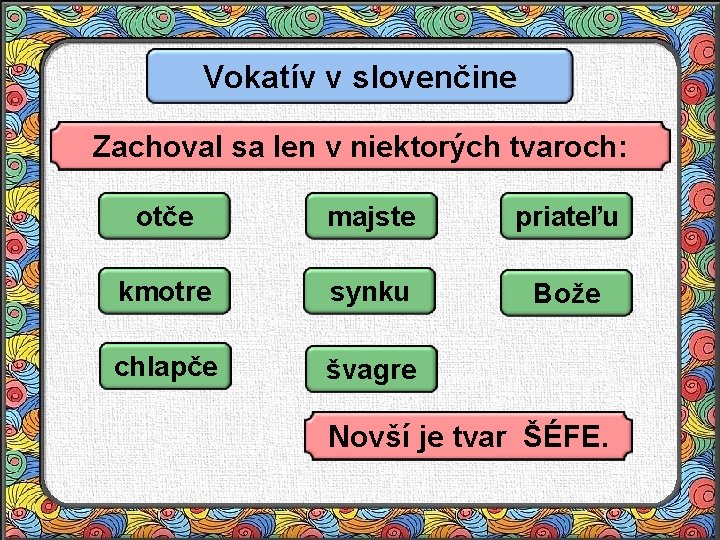 Vokatív v slovenčine Zachoval sa len v niektorých tvaroch: otče majste priateľu kmotre synku