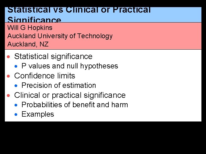 Statistical vs Clinical or Practical Significance Will G Hopkins Auckland University of Technology Auckland,