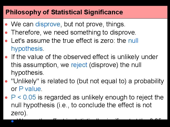 Philosophy of Statistical Significance · We can disprove, but not prove, things. · Therefore,