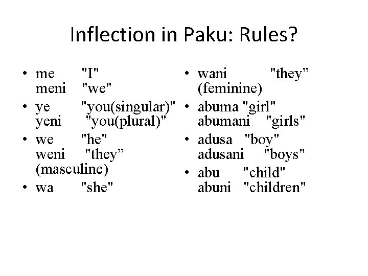 Inflection in Paku: Rules? • me "I" meni "we" • ye "you(singular)" yeni "you(plural)"