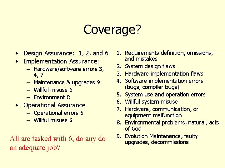 Coverage? • Design Assurance: 1, 2, and 6 • Implementation Assurance: – Hardware/software errors