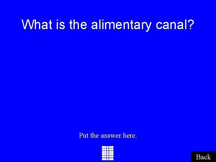 What is the alimentary canal? Put the answer here. Back What is the alimentary canal? Put the answer here. Back