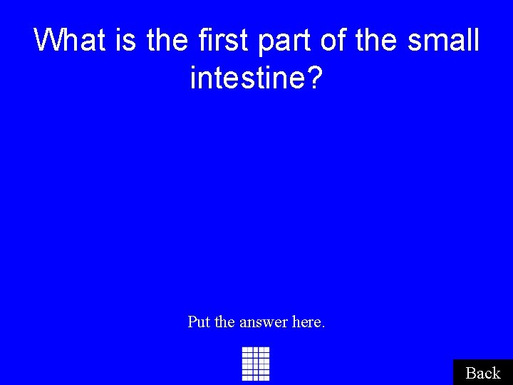 What is the first part of the small intestine? Put the answer here. Back What is the first part of the small intestine? Put the answer here. Back