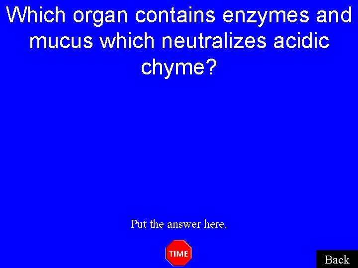 Which organ contains enzymes and mucus which neutralizes acidic chyme? Put the answer here. Which organ contains enzymes and mucus which neutralizes acidic chyme? Put the answer here.