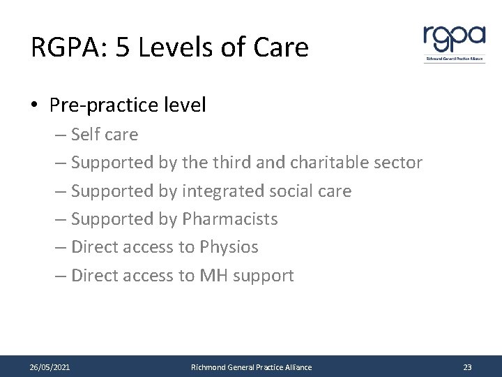 RGPA: 5 Levels of Care • Pre-practice level – Self care – Supported by