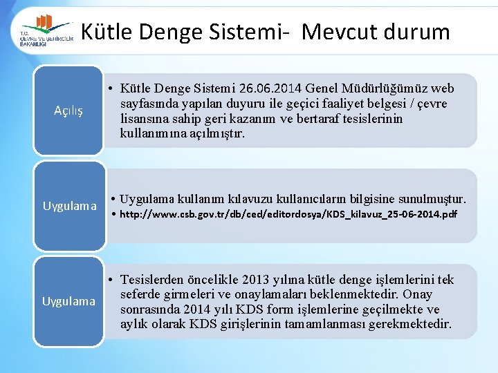 Kütle Denge Sistemi- Mevcut durum Açılış Uygulama • Kütle Denge Sistemi 26. 06. 2014