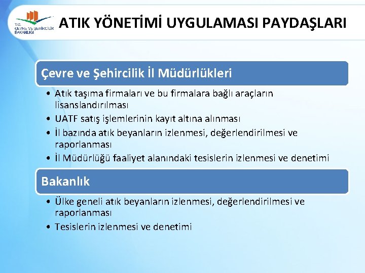 ATIK YÖNETİMİ UYGULAMASI PAYDAŞLARI Çevre ve Şehircilik İl Müdürlükleri • Atık taşıma firmaları ve