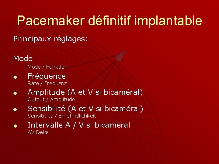 Pacemaker définitif implantable Principaux réglages: Mode / Funktion u Fréquence Rate / Frequenz u